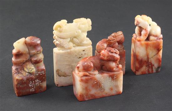 Five Chinese Shoushan stone seals, height 4.7 to 6.6cm